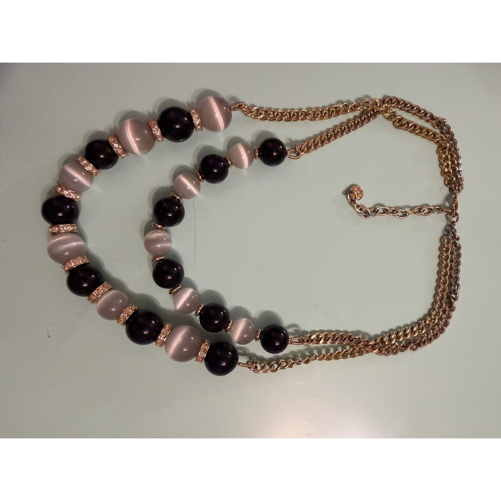 Grey Cats Eye Black Bead Double Strand Statement Necklace Gold Tone Rhinestone